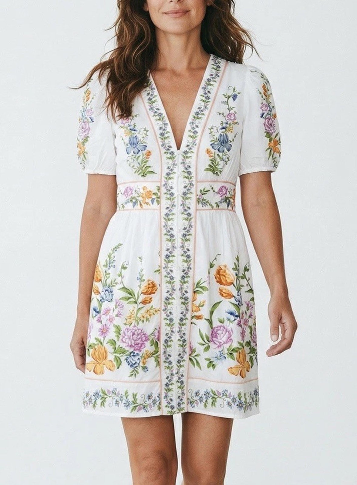 Calypso White Floral V-Neck Puff Sleeve Bordered Mini Dress Size S